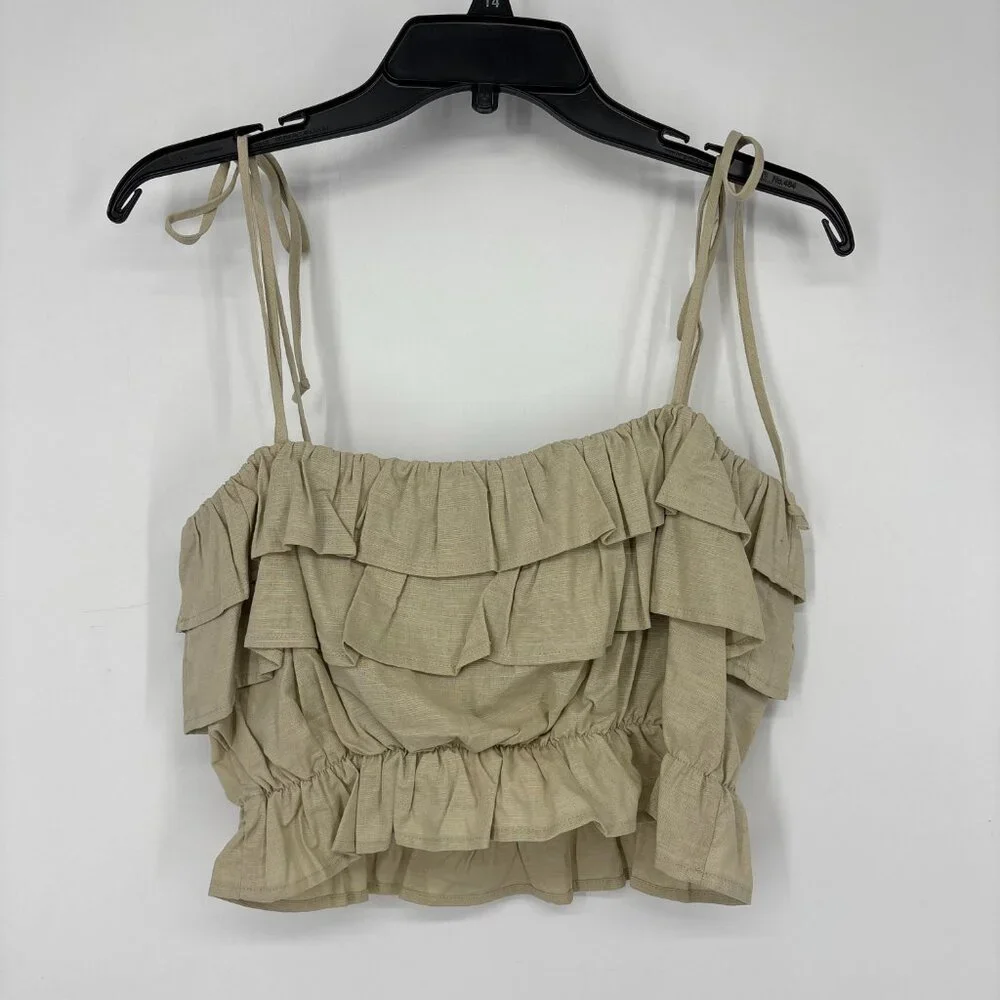 Aqua Women's Linen-Blend Tie Straps Ruffle Cropped Tank Top Green Size S NWT - Picture 2 of 5